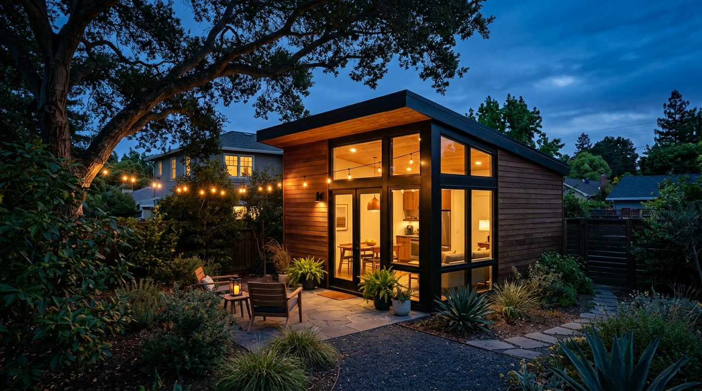 Finished backyard ADU at dusk with warm lights on