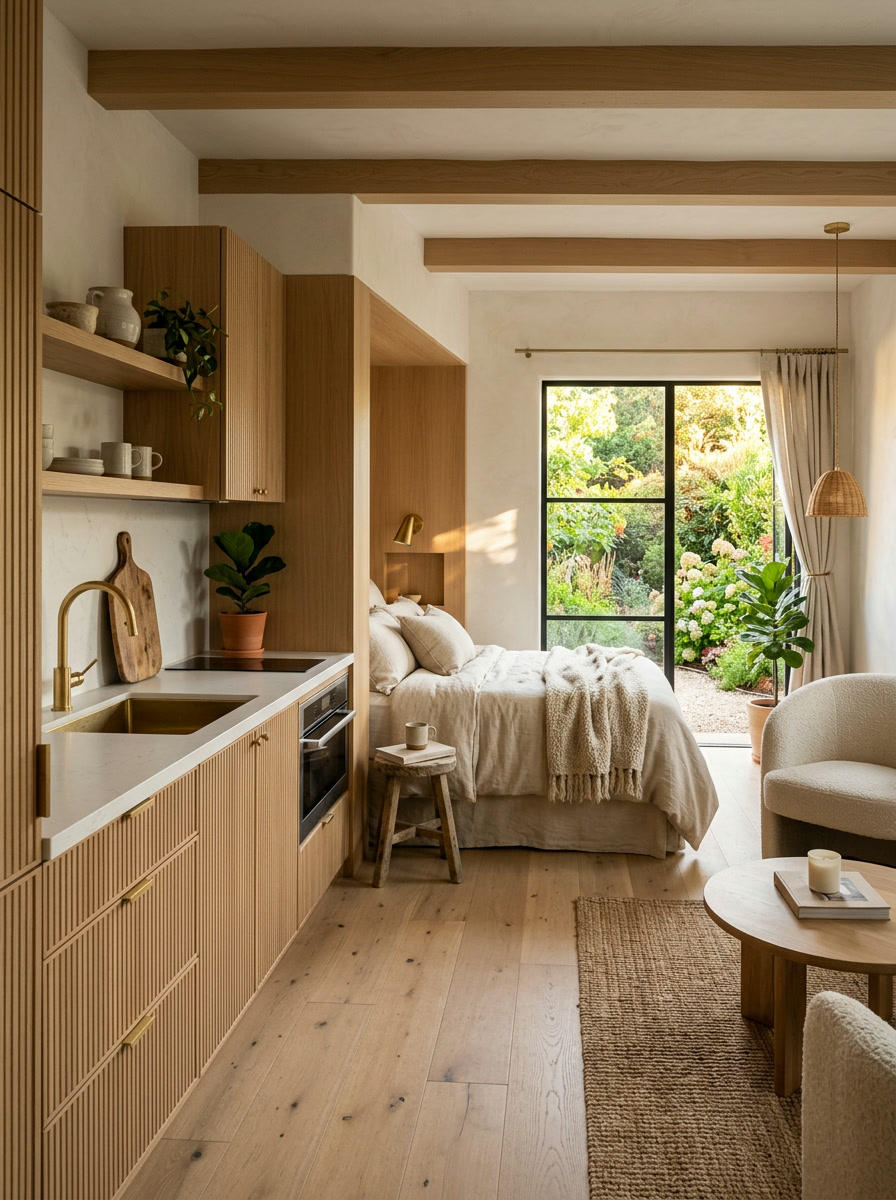 Finished ADU interior with kitchenette and bed nook